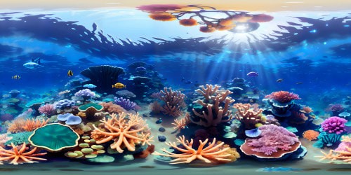 Ethereal underwater landscape, towering seaweed forests, sunken Atlantis at the heart, sushi bar bubbles up. Pearlescent seashells, exotic fish in VR360, multi-hued coral clusters. Classy, Pixar-style animation, vibrant, seamless detailing in VR360, 4K resolution, spectacular visual feast.