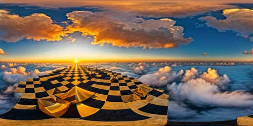 A flawless, pixel-perfect world with a vast checkerboard floor extending to the horizon, adorned with floating cones, spheres, and cubes, casting long geometric shadows under a golden sunset, creating a surreal, mesmerizing atmosphere.