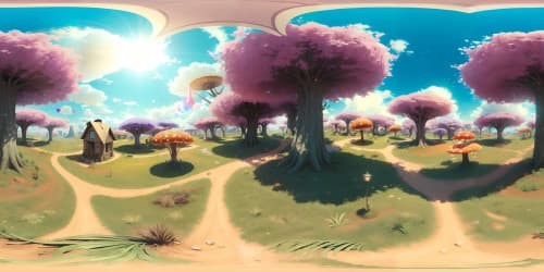 VR360, ultra high-res masterpiece, sprawling landscape of gargantuan mushroom trees, patchwork of vibrant and pastel spores, slender stems towering in VR360 panorama, Pixar-style exaggeration