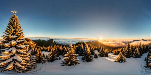 A flawless, perfect VR360 depiction showcases the grandeur of the festive season, a stunning Christmas tree commanding attention in a vast, snow-covered landscape, every pine needle delicately coated in glistening snow, the natural colors vibrant and rich, presented in ultra-resolution, akin to a enchanting Pixar masterpiece.