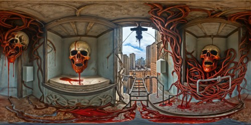 An impeccably detailed, ultra high-resolution scene in a post-apocalyptic city overrun by ravenous zombies, gory entrails strewn amidst eerie shadows, decaying buildings, blood-splattered walls, twisted silhouettes of mutated psychotic killers lurking in the darkness, maximized horror ambiance.