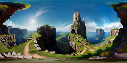 Epic cliff edge, VR360 certified masterpiece, jagged stone structures. Ultra high-resolution textures, raw mineral details. Overhead, the vast, cloud-dotted sky, the backdrop of twilight hues. Pixar-style aesthetics for VR360 immersion, smooth lines, vivid color palette.