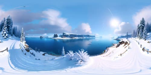 Ultra-high-res, masterpiece-level VR360, seaside vista, snow-dusted trees, serene coastal view, fantasy art style, vibrant under a glassy sky. Mixed with Pixar-style rendering for an immersive VR360 experience.