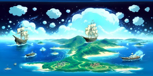 One Piece-inspired VR360, Straw Hat crew's ship, Sunny Go floating, fantastical azure sea. Twinkling constellations overhead, boundless celestial canvas. Unique pirate flags fluttering, intricate outlines. Anime style, sharp details, ultra-high resolution. Stunning VR360, immersive pirate adventure masterpiece.