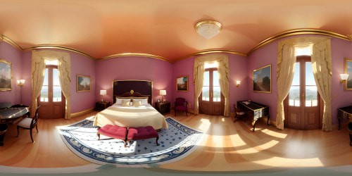 Masterpiece room, ceiling frescoes, opulently decorated walls, luxuriant drapes, gilded furniture in VR360. Exquisite detailing, Rococo style. Ultra-high-res VR360, perfection in every pixel, vibrant colors, intoxicating visual richness.