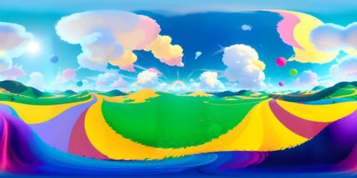 Bright hues, cheerful vistas in VR360, puffy cotton-candy clouds, warm sunshine rays, lush green fields. Style: ultra-high resolution, animation masterwork, exuberance in every pixel, Pixar-esque joyful expressiveness. Immersive VR360, vibrant palette, attention to detail, exhilarating joyfulness.