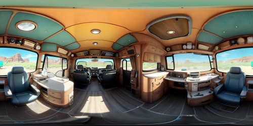 Interior of Breaking Bad RV, meticulously detailed, high-resolution textures, weathered upholstery, cooking equipment in disarray, secretive ambience. VR360 view of grungy, chaotic scene, Pixar-style animation. Spectrum of deep blues to pale yellows, VR360 encapsulation of immersive disarray.