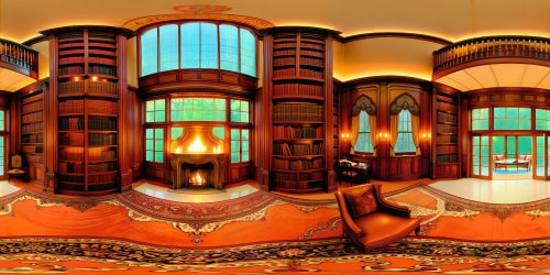 A flawless, opulent library with soaring ceilings, intricate mahogany bookshelves, and a crackling, roaring fire illuminating the room in a warm, golden glow, casting dancing shadows across the plush leather armchairs and vintage oriental rugs, captured in ultra high resolution detail.