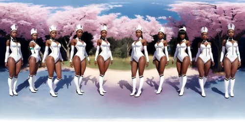 four women wearing white leotards with thigh high boots. they are evil sorceresses'. they are african american women