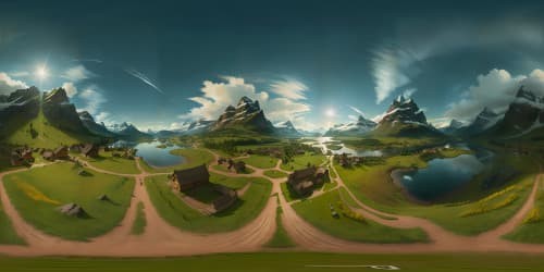 Ultra HD quality, Skyrim-inspired VR360 masterpiece, breathtaking mountains, mystical auroras, ancient Nordic runes, serene lakes. Emulate Elder Scrolls' style, blend epic grandeur, detailed texture work.