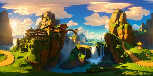 An exquisite, unparalleled aerial perspective, riding high on the gleaming scales of a mythical dragon, navigating through a fantastical world adorned with cascading waterfalls, lush forests, and towering mountains, all aglow under the golden embrace of a faultless, sun-drenched sky.