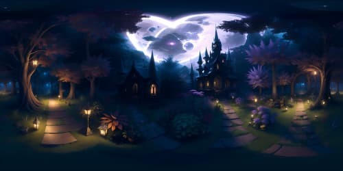 Radiant fairies in shadowy woodland, VR360 obscurity pierced by magical luminescence, fantasy art style. Masterpiece, ultra-high resolution, unparalleled VR360 quality.