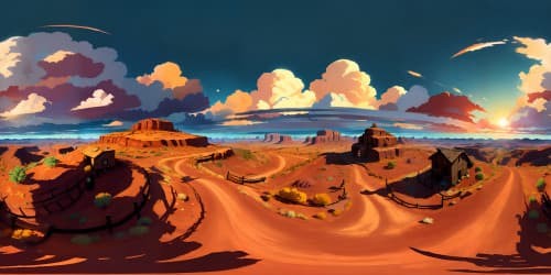 VR360 masterpiece, ultra high res, wild west expanse. Untamed plains, hillside perspective, old western style, distant sunset on the horizon in VR360. Best quality.