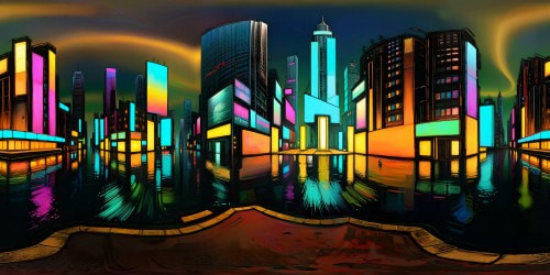 Futuristic cyberpunk cityscape, twilight glow, holographic billboards, neon reflections on glossy skyscrapers, aerial metropolis, cybernetic complexities. VR360 masterpiece, ultra-high-res, flawless, top-tier digital art style. VR360 view, cyberpunk's perfect blend of grunge and neon.