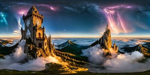 A majestic wizard's tower amidst a magical ancient forest, adorned with shimmering arcane runes, glowing crystals, and swirling ethereal mists under a starlit sky, an ultra high resolution fantasy masterpiece.