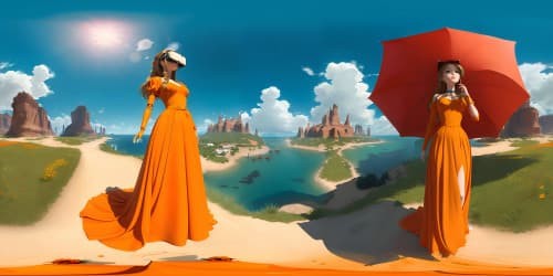 a girl doll in orange dress with ponytail, vr. in a blue sky