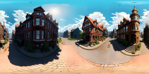 Portland Maine, 1900s daytime, VR360, high-definition ultra-resolution, picturesque panorama, cobblestone streets, horse-drawn carriages, towering brick buildings, seagulls, distant harbor, clear blue skies, cumulus clouds, masterpiece rendering, Pixar-style.