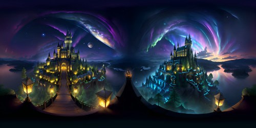 Iconic Hogwarts castle, silhouetted against iridescent aurora, swirling constellations. VR360 view, floating lanterns, glittering night sky. Fantasy art style, vivid colors, detailed shadows. Contrasting enchanted forest, silhouetted mystical creatures. Enriched with Pixar-like animation, VR360, starlit lake reflecting grandeur.
