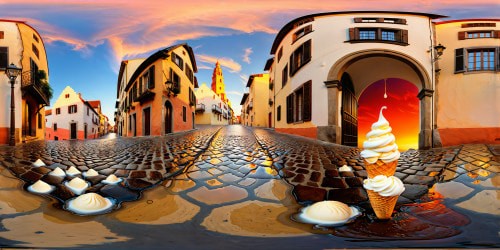 A sun-drenched cobblestone street, ice cream cones melting into puddles, creating a stark contrast against the fiery horizon. Swirls of white ice cream, Picasso-style rendering dripping in rich texture, capturing the tantalizing chill versus the simmering heat in an ultra high res, VR360 view - a surreal, vivid, melting masterpiece.