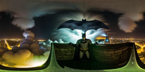 A flawless, ultra high-resolution masterpiece of chaos in Gotham City, the iconic Bat Signal pierces the night sky, a sinister Joker toxin cloud swirling ominously, as Batman stands resolute, ready to confront the impending turmoil below.