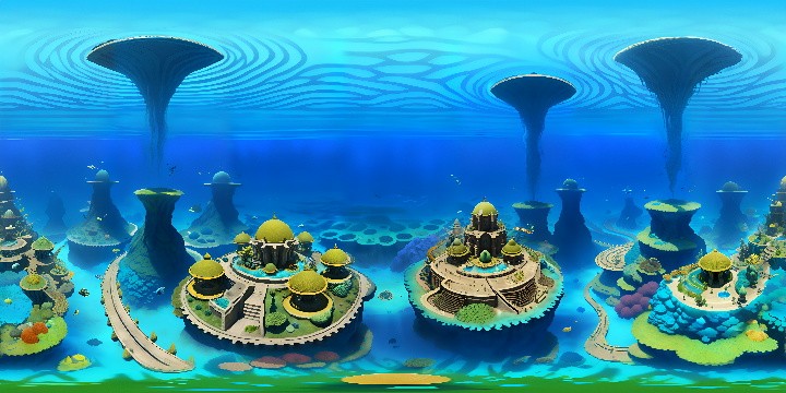 Masterpiece, underwater metropolis, ultra-high resolution VR360. Ancient sunken architecture, bio-luminescent marine vegetation, vast VR360 coral landscapes. Abyssal expanses, ascending pearlescent air bubbles. Deep-sea tableau in surreal art-style, twinkling submerged city, artistically rendered aquatic textures.