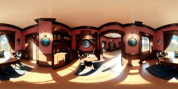 VR360: Exquisite mahogany desk, ornate details, leather inlays, piles of parchment, antique quills, ink bottles, illuminated by soft, diffused sunlight. Style: Ultra high-res realism, meticulous detail, masterful lighting. Richness, depth, elevated artistry in VR360 display.