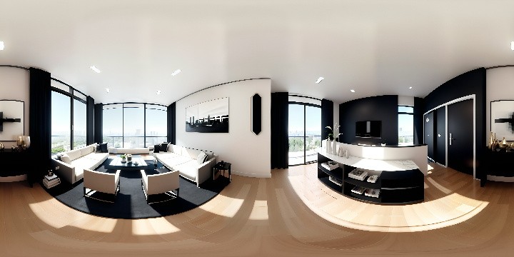 Minimalist luxury apartment, grand piano centerpiece, extensive use of marble and warm oak, floor-to-ceiling windows, cityscape panorama. VR360 view, sleek lines, open layout, high-end modern furniture, tasteful art pieces. Ultra-high resolution VR360, homey yet elegant ambiance, artistically lit, Pixar-style rendering.