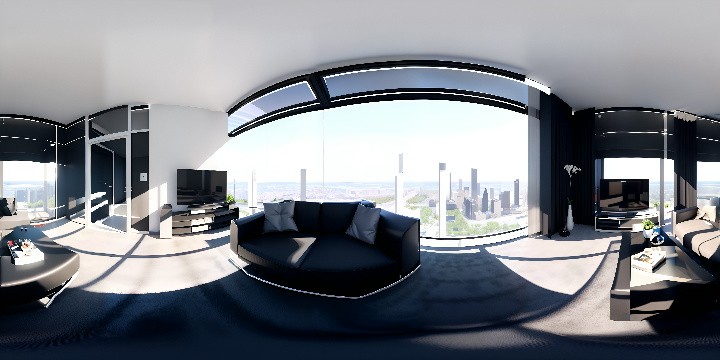 VR360 view, modern luxury apartment vibe, minimalist, clear glass walls, sleek steel beams. Polished black grand piano, central focus, sharp reflection, flat-screen TV, ultra high-res, mood lighting. VR360 panorama, cityscape skyline view, twilight hues. Stylized in digital painting, ultra HD quality, crisp textures, high contrast.