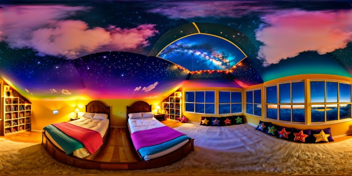 A dreamy, fantastical bedroom fit for a 9-year-old, bursting with vibrant colors, larger-than-life toys, wall-to-wall bookshelves, a whimsical treehouse bed, glowing fairy lights, pastel clouds painted on the ceiling, plush rug, enormous windows showcasing a starry night sky.