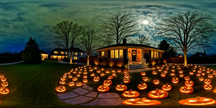 A flawless, high-resolution, ultra-detailed masterpiece capturing a stunning Halloween suburban house at night, illuminated by flickering jack-o'-lanterns, eerie mist swirling around the manicured lawns, silhouettes of twisted trees against a full moon, and spooky shadows creeping across the perfectly manicured lawn.