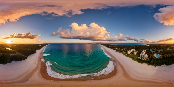 A flawless, ultra-high-resolution coastal scene showcasing elegant women on a sunlit beach, where sparkling waves meet golden sands, palm trees sway in a gentle breeze, and the sky transitions from pink hues to a deep blue twilight.