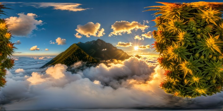 A flawless ultra-high-resolution rendering captures a vibrant marijuana field at golden hour, intricate trichomes glistening in the warm sunlight, showcasing a breathtaking botanical masterpiece in every minute detail.