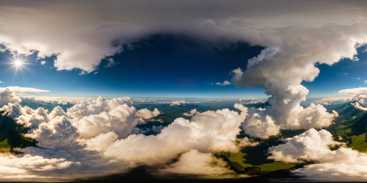 A flawless, ultra high-resolution depiction of the heavenly sky above an expansive, lush field under the bright daytime sun, featuring billowing clouds painted in exquisite detail.