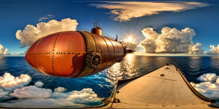 A flawlessly detailed recreation of the Nautilus submarine from Disney's "20,000 Leagues Under the Sea," captured in ultra-high resolution, showcasing intricate rivets, gleaming metal surfaces, brilliant underwater lighting, and the vast, mysterious depths of the ocean surrounding it.