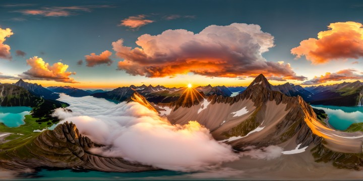 A hidden, flawless alpine lake nestled among mystical mountains, with ethereal wyverns soaring in the sky, radiant sunset hues merging with pastel clouds, creating a surreal and fantasy world of perfect harmony and breathtaking beauty, captured in ultra-high-resolution VR360 detail.