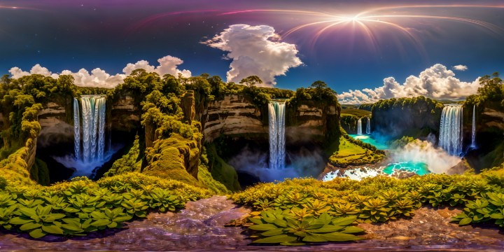 A vast, mesmerizing dreamscape filled with cascading waterfalls, towering ancient ruins, glowing mystical crystals, a kaleidoscope of flourishing bioluminescent plants, shimmering under a starlit sky in staggering 16K resolution.