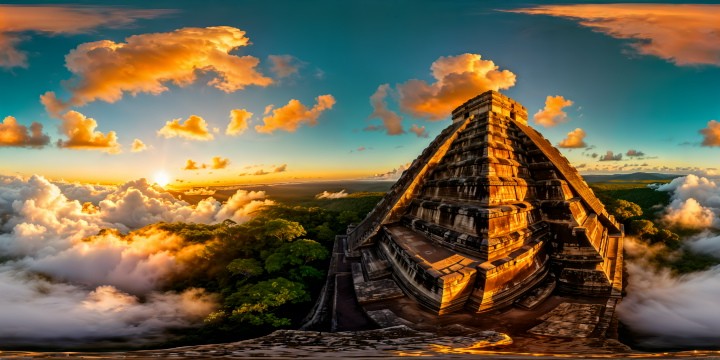 An ancient Mayan pyramid bathed in glowing sunset hues, intricate stone carvings, lush emerald jungle surroundings, flawless ultra high-resolution rendering capturing every detail.