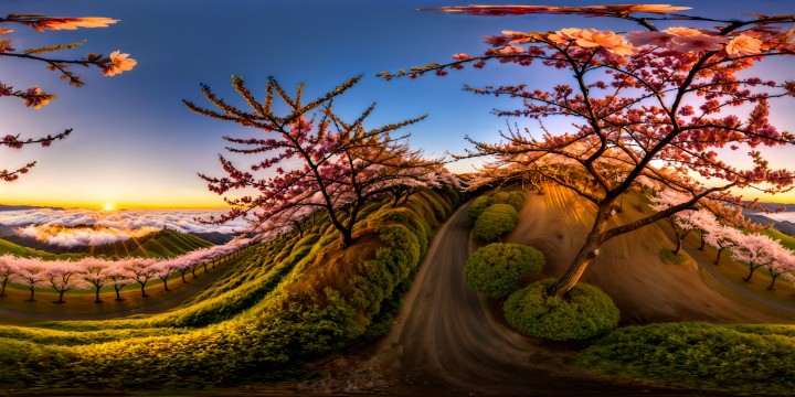 An exquisite Japanese cherry blossom orchard basking in the breathtaking glow of golden god rays piercing through the boughs at sunset, a flawless masterpiece captured in ultra-high resolution, invoking an ethereal and serene sense of beauty.