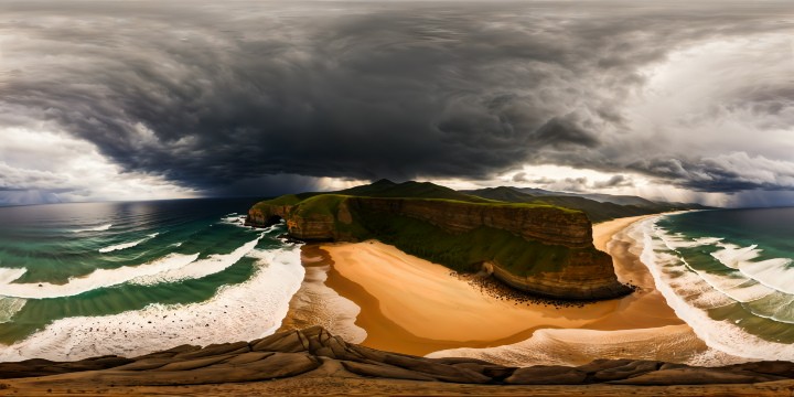 An exquisite, high-resolution ocean vista under a rainy overcast sky, sand glistening with raindrops, crashing waves against a deserted shoreline, dramatic skies boiling with thunder, sculpted rocks in the distance, a flawless visual symphony.