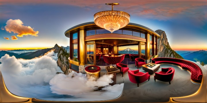 An exquisite, lavish smoking lounge adorned with glittering crystal chandeliers, sumptuous velvet sofas, expansive windows framing a majestic mountain vista during the golden hour, drenched in a comforting, radiant light, immortalized in ultra-high resolution, an unparalleled delight for the refined cannabis aficionado.