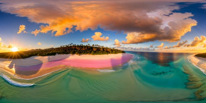 An idyllic tropical beach at golden hour, the sun casting a warm glow on pristine sands and crystal-clear waters, palm trees swaying gently under a painted cotton candy sky, a masterpiece in ultra-high resolution capturing every detail flawlessly.