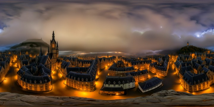 An immersive, ultra-high-resolution depiction of a chilling Halloween town under a midnight sky, where sinuous fog twists through cobblestone streets illuminated by flickering jack-o'-lanterns, gothic spires casting eerie moonlit shadows, creating an enchantingly sinister masterpiece of haunting beauty.