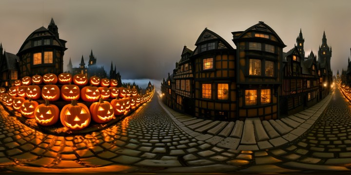 An intricate, immersive view of a haunting Halloween town at midnight, intricate cobblestone streets lined with flickering jack-o'-lanterns, sinister fog weaving through gothic architecture, looming moonlit skyscrapers, ominous shadows, highly detailed and enchantingly eerie.