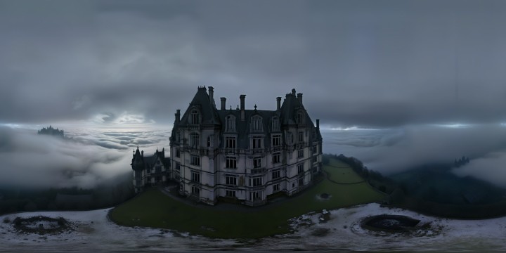 An ominous, abandoned gothic mansion engulfed in dense fog, eerie moonlight casting long shadows, broken windows reflecting sinister glistening eyes, foreboding atmosphere of quiet terror, decay and grime in ultra high resolution, an unsettling masterpiece of dread.