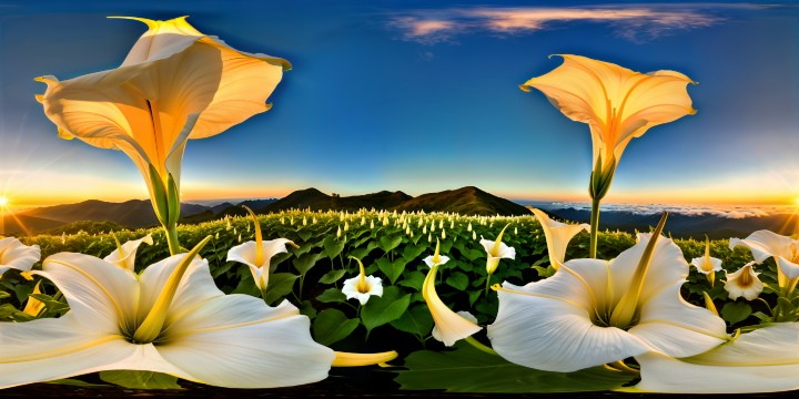 Expansive field of White Angel's Trumpet flowers, pure white blossoms unfurling in perfection, under a golden sunrise, delicate petals shimmering in the morning light, a nature masterpiece captured in flawless ultra-high resolution detail.