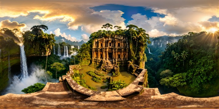 Spectacular ancient ruins in a lush jungle setting, intricately detailed stone carvings bathed in golden sunlight, vibrant tropical flora, misty cascading waterfalls, dynamic lighting, ultra-realistic textural depth.