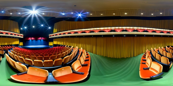 A flawless, cinematic palace featuring hundreds of opulent velvet seats, an immense cutting-edge screen illuminating the state-of-the-art auditorium, bathed in a semi-lit ambiance of absolute pristine cleanliness, an ultra-high-resolution experience.