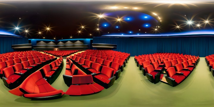 A state-of-the-art auditorium with opulent velvet seats, a massive cutting-edge screen, bathed in flawless semi-lit cleanliness, offering an ultra-high-res cinematic masterpiece ambiance.