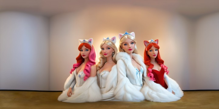 A stunning, high-resolution VR360 experience featuring a group of sophisticated princesses in white fur with delicate pink accents, mesmerizing clear blue eyes, radiant golden hair, and a hint of red lip color. Each princess, elegantly poised with unique feline-inspired ears, immerses viewers in a masterfully detailed, refined, and photorealistic scene of unparalleled quality.