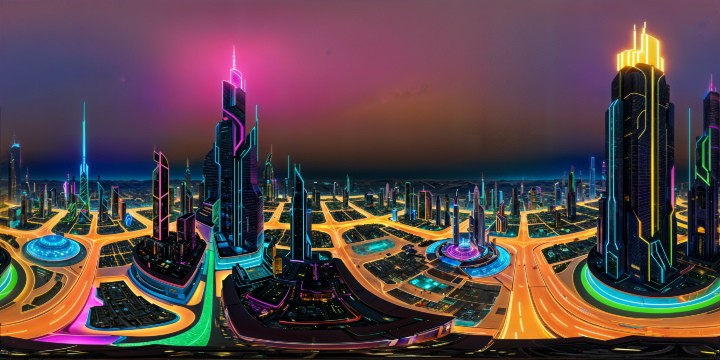 An ultrahigh-resolution, flawless depiction of a cybercity sprawling over a glittering peninsula, neon lights painting a vibrant technicolor glow on futuristic architecture, creating a warm, inviting ambiance in the year 3099, all seen from the mesmerizing viewpoint of the town square.